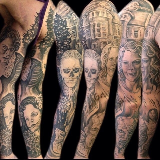 Grey Ink Horror Girl Faces And Zombie Tattoo On Full Sleeve