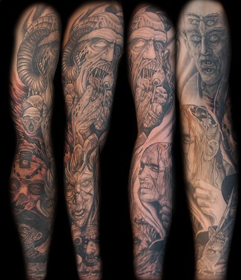 Grey Ink Horror Zombies Tattoo On Full Sleeve