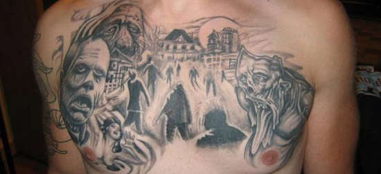 Grey Ink Horror Zombies Tattoo On Man Chest
