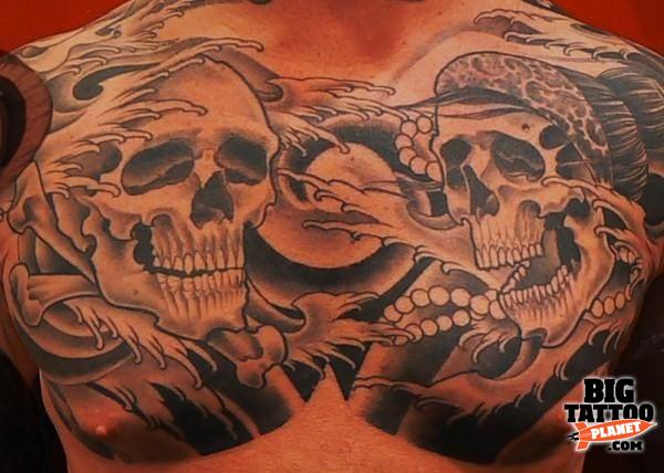 Horror 3D Skulls Tattoo On Man Chest