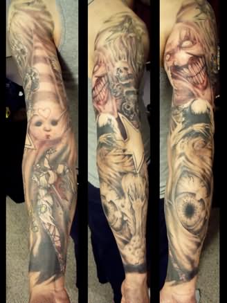 Horror Clown And Eye Tattoo On Full SLeeve By Puku