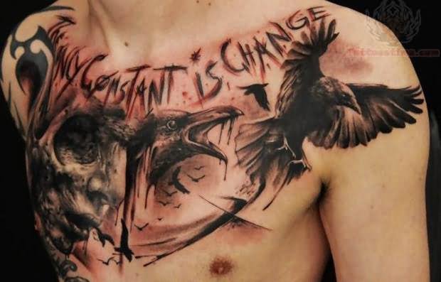 Horror Face With Crows Tattoo On Man Chest