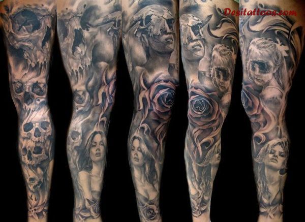 Horror Girl Face With Skull And Rose Tattoo Design For Full Sleeve