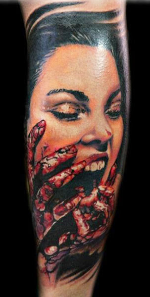 Horror Girl Portrait Tattoo Design For Leg