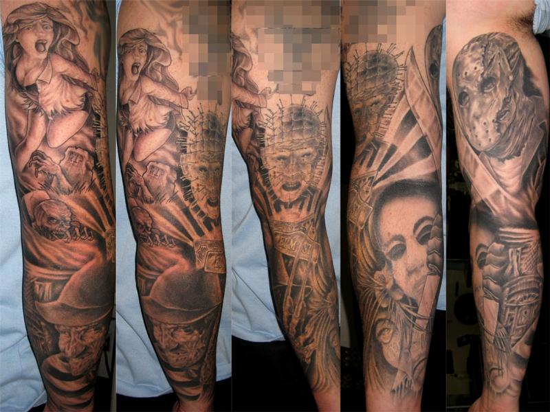 Horror Jason With Pinhead And Freddy Krueger Tattoo Design For Full Sleeve