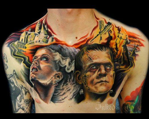 Horror Man And Women Face Tattoo On Chest By Megan Jean Morris