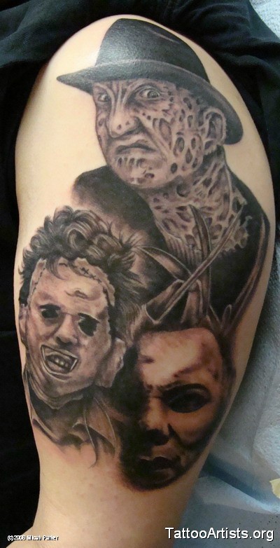 Horror Michael Myers With Freddy Tattoo On Left Half Sleeve