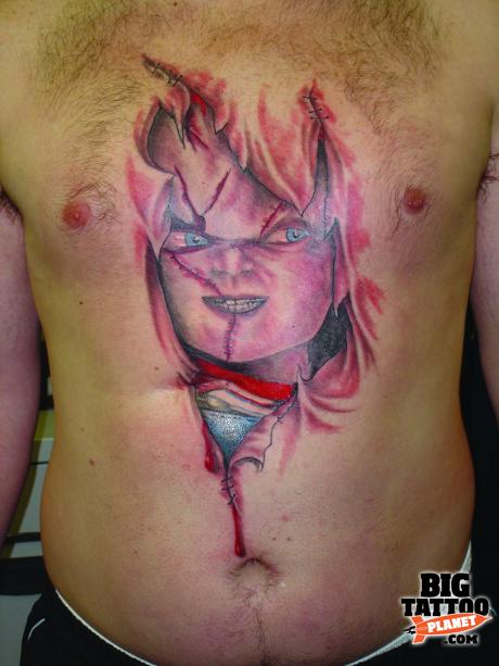 Horror Ripped Skin Chucky Tattoo On Man Chest