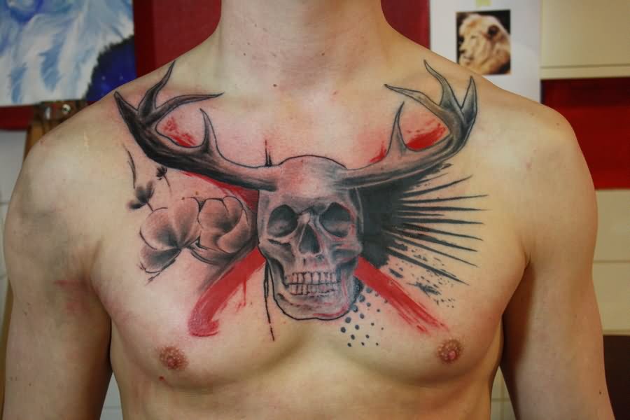 Horror Skull With Horn Tattoo On Man Chest By Ian