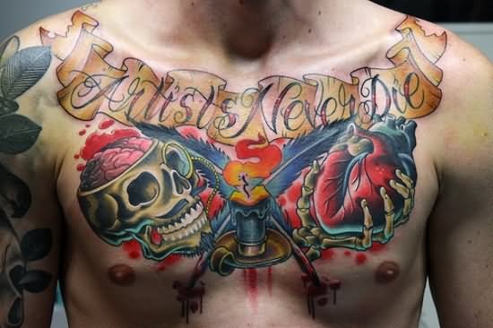 Horror Skull With Real Heart And Banner Tattoo On Man Chest By Arseniclover