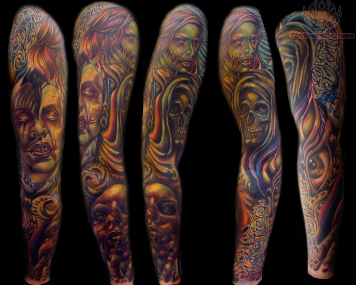 Horror Zombie Girl With Skull Tattoo Design For Full Sleeve
