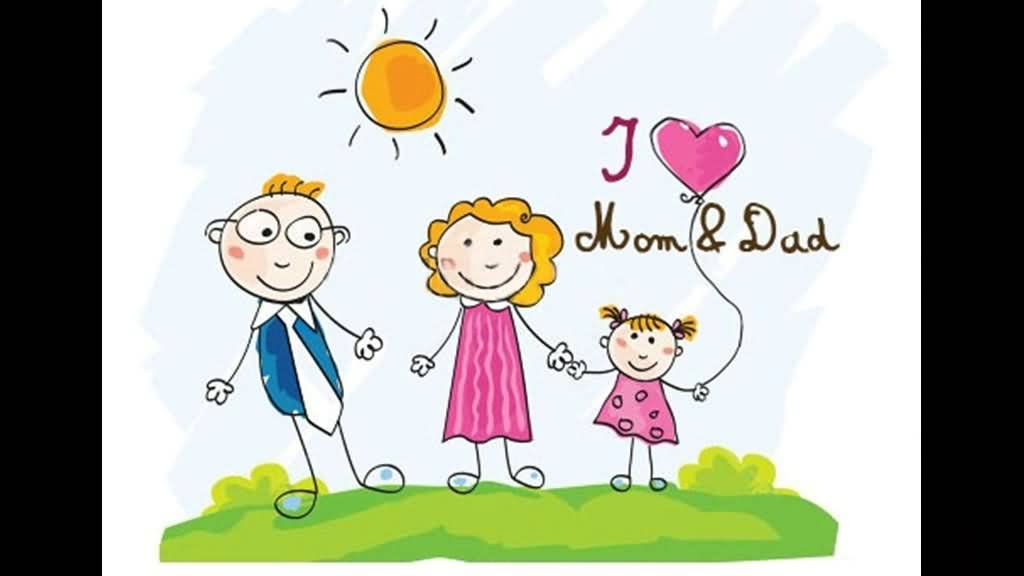 I Love Mom & Dad Happy Parents Day Cartoon Picture