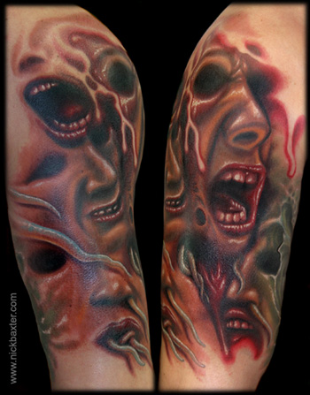 Latest 3D Horror Face Tattoo Design For Half Sleeve