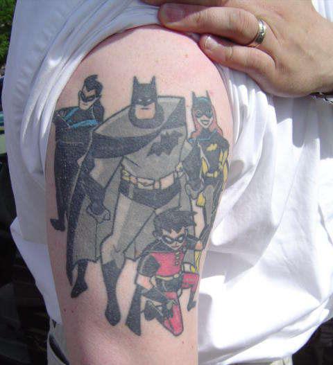 Nightwing, Batman, Batgirl And Robin Tattoo On Right Shoulder By