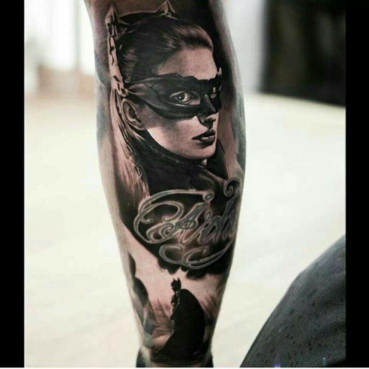 Realistic Batgirl Face Tattoo Design For Leg