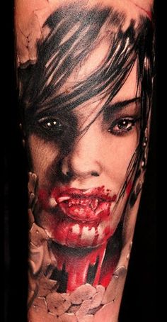 Ripped Skin Horror Vampire Girl Portrait Tattoo On Forearm