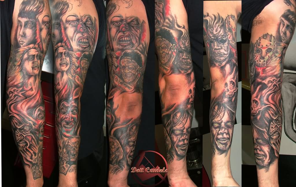 Simple Horror Faces Tattoo On Full Sleeve By Crudele Gianfranco