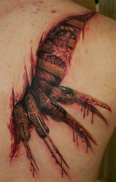 Simple Ripped Skin Freddy Tattoo On Right Back Shoulder