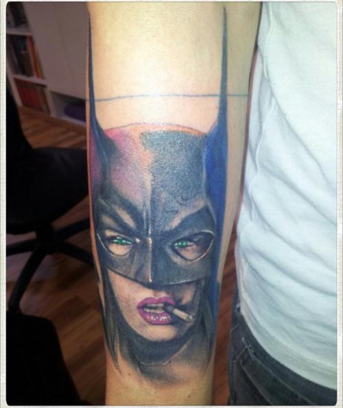 Smoking Batgirl Face Tattoo Design For Forearm