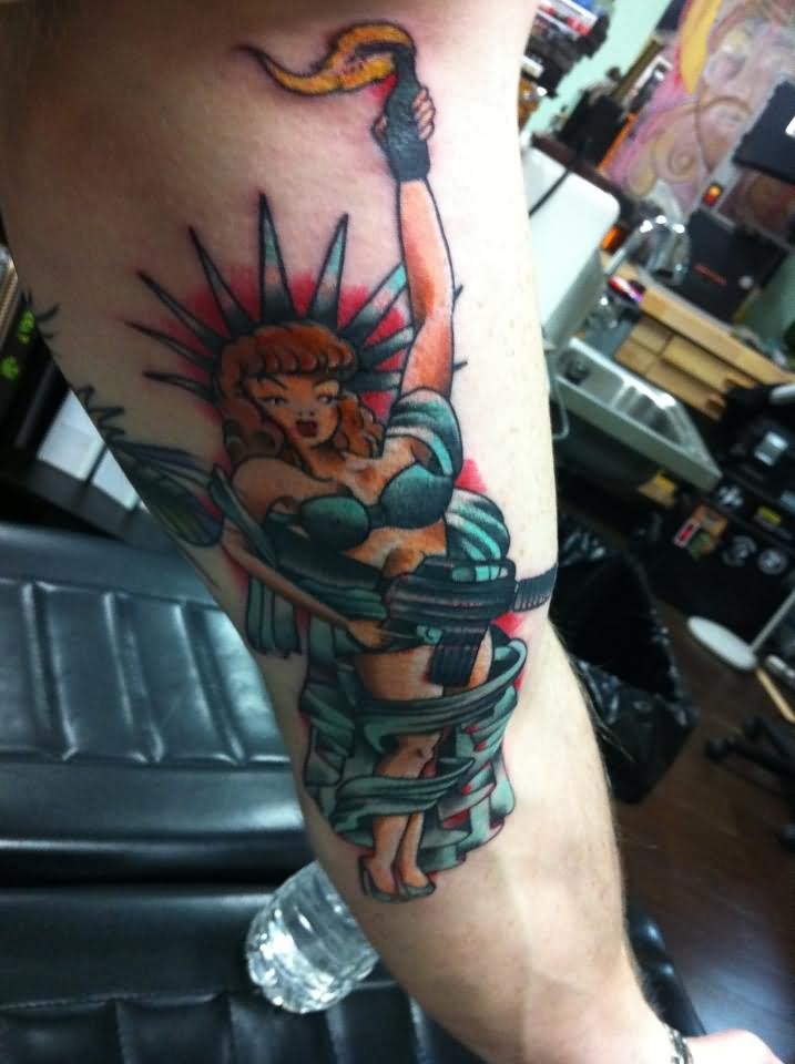 Statue Of Liberty Pin Up Girl Tattoo On Half Sleeve