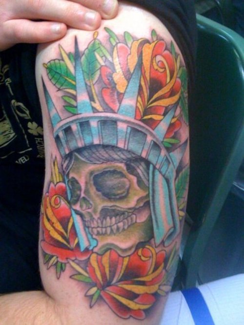 Statue Of Liberty Skull With Roses Tattoo On Left Half Sleeve