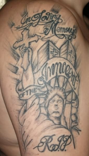 Statue Of Liberty With Cross And Banner Tattoo On Man Right Half Sleeve