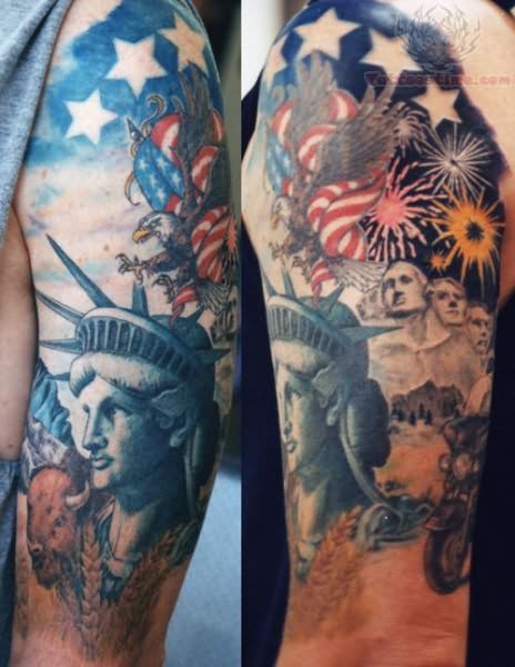 Statue Of Liberty With Eagle And USA Flag Tattoo Design For Half Sleeve