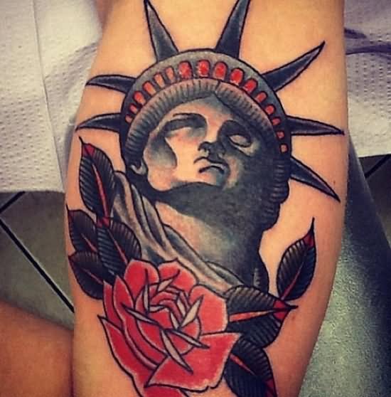 Traditional Statue Of Liberty Face With Rose Tattoo Design For Half Sleeve By Henry Hablak