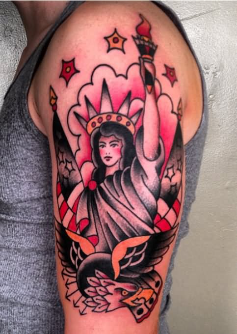 Traditional Statue Of Liberty Girl With Two USA Flags And Eagle Tattoo On Man Left Half Sleeve By Adam