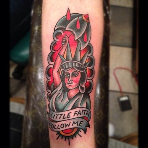 Traditional Statue Of Liberty With Banner Tattoo Design For Forearm