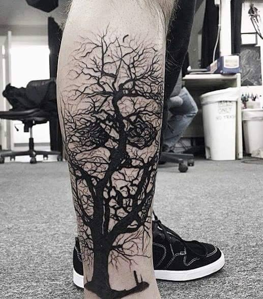 Tree Without Leaves Tattoo On Right Leg