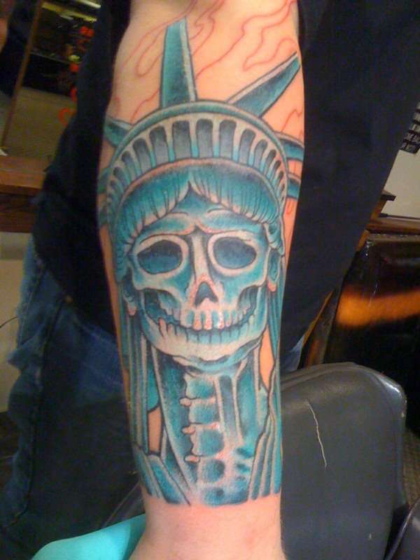 Wonderful Statue Of Liberty Skeleton Tattoo On Right Arm