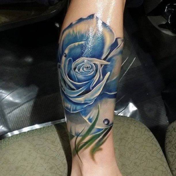 3D Blue Ink Rose Tattoo On Right Leg