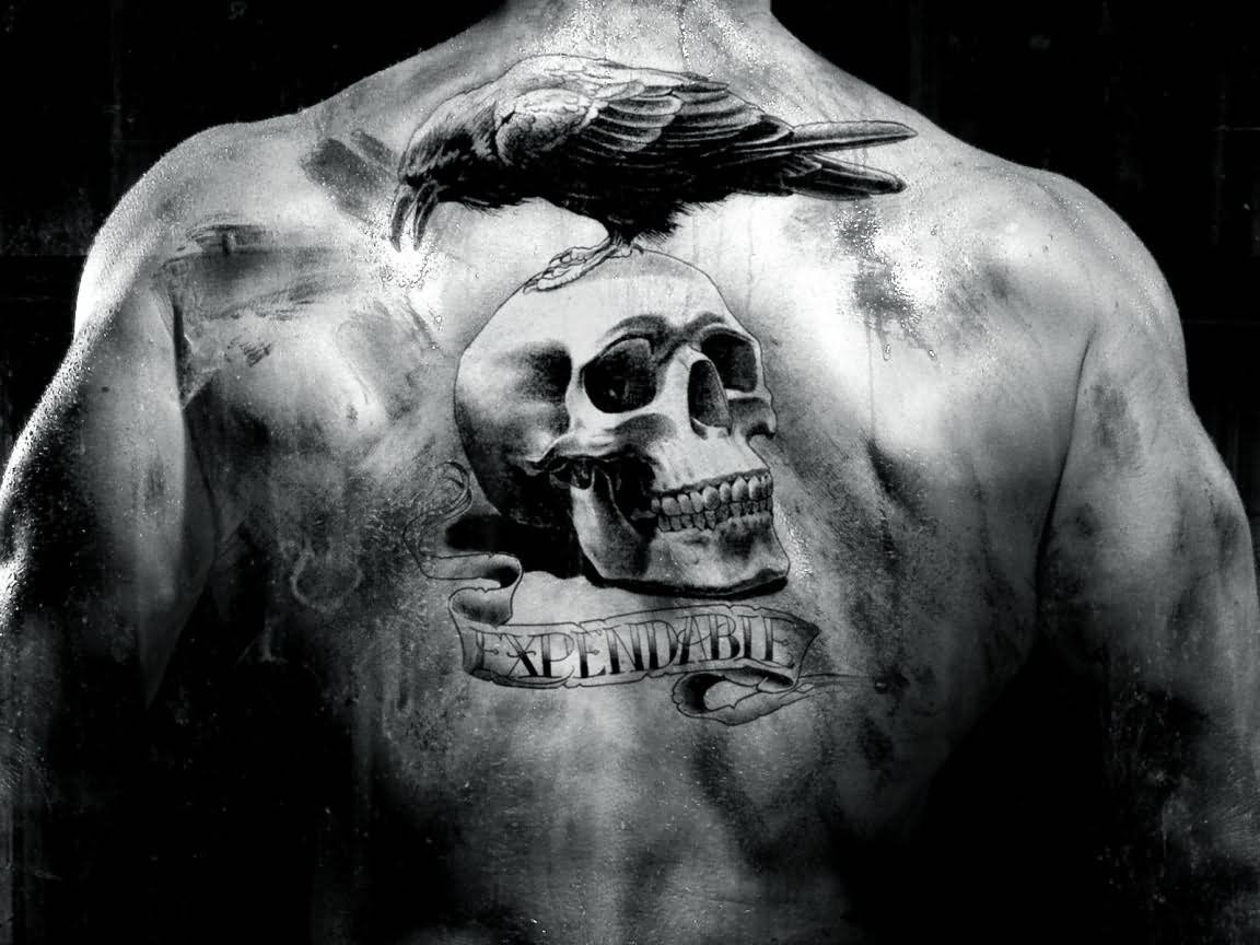 3D Skull With Crow And Banner Tattoo On Man Upper Back