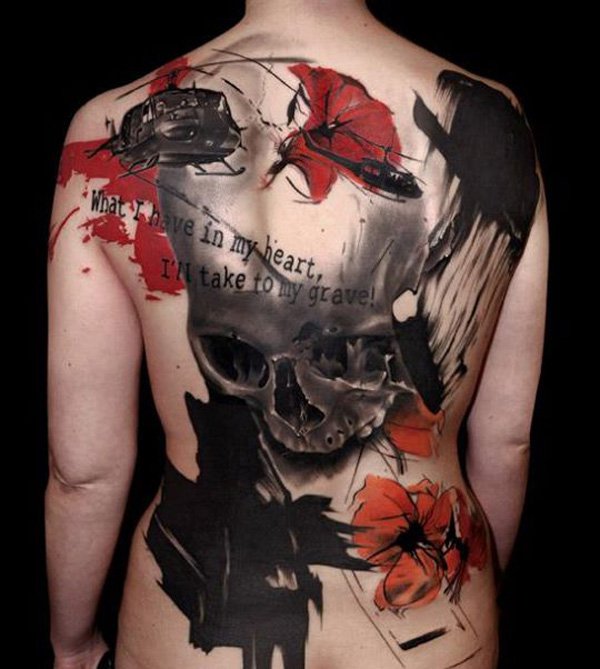 3D Skull With Helicopters Tattoo On Back