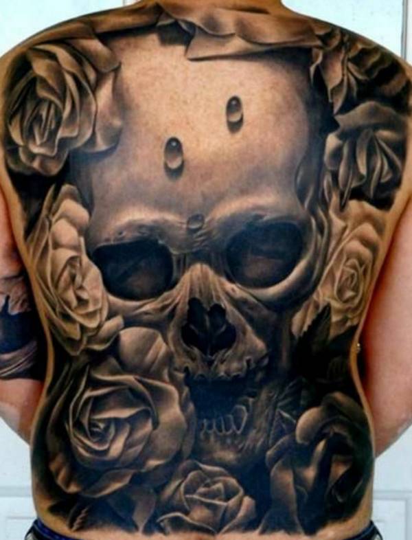 3D Skull With Roses Tattoo On Full Back
