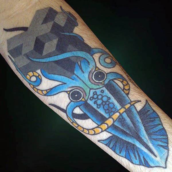 Abstract Blue Squid Tattoo On Arm