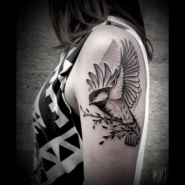 Abstract Sparrow Tattoo On Girl Left Shoulder