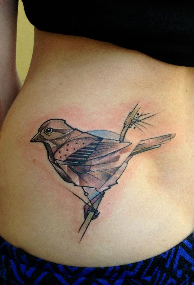 Abstract Sparrow Tattoo On Waist