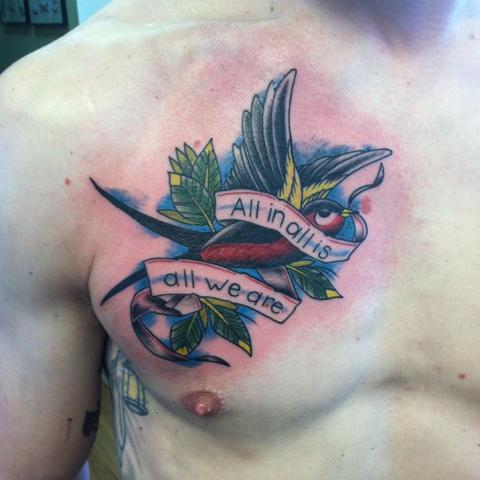 All In All Is All We Are Sparrow Tattoo On Man Chest