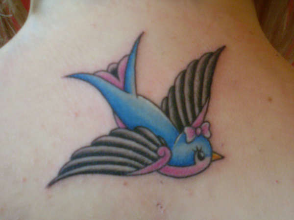 Amazing Color Sparrow Tattoo On Upper Back