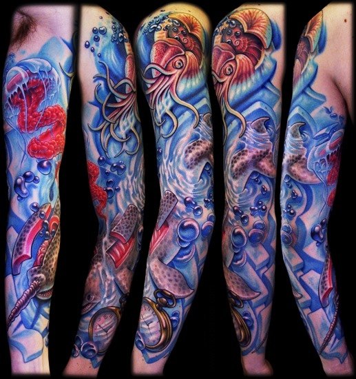 Amazing Colorful Squid Tattoo On Full Sleeve