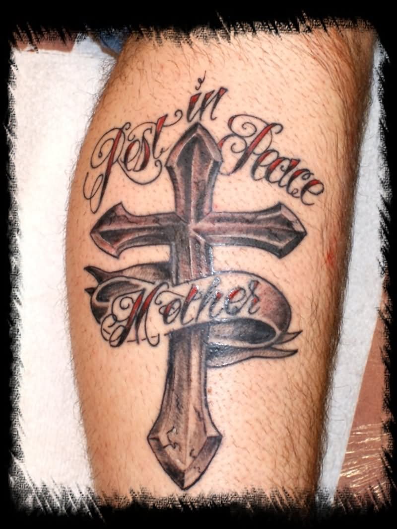 Amazing Cross With Mother Banner Tattoo On Leg Calf