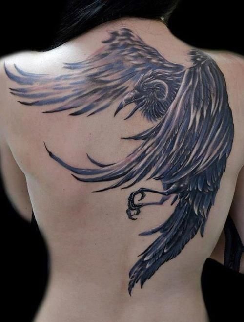 Amazing Crow Tattoo On Upper Back