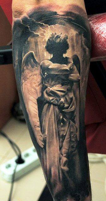Amazing Grey Ink Angel Tattoo On Right Arm