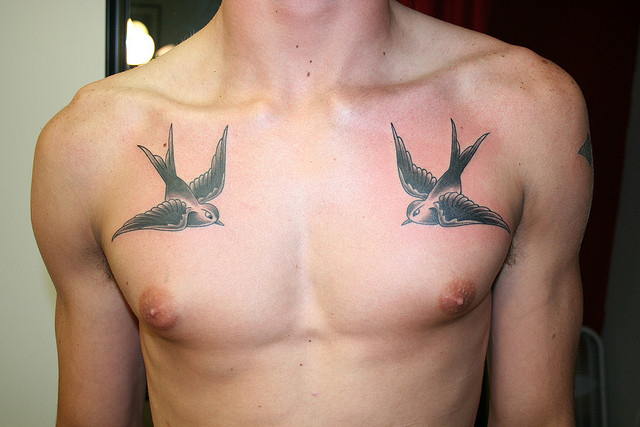 Amazing Grey Ink Sparrow Tattoos On Chest