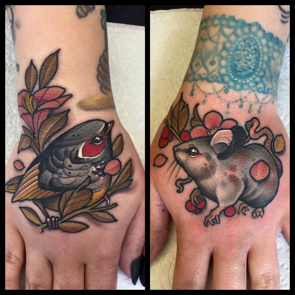 Amazing Sparrow And Rat Tattoo On Hands by Best UK Tattoo Artist