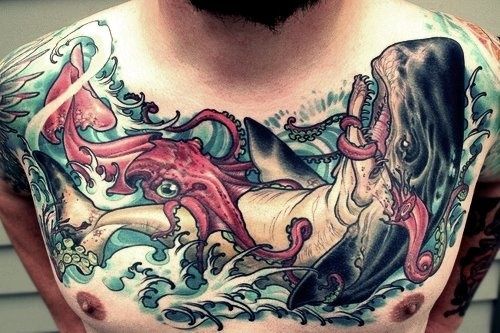 Amazing Squid And Shark Tattoo On Chest