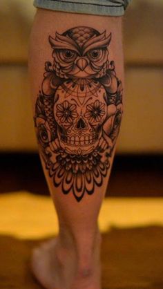 Amazing Sugar Skull With Owl Tattoo On Left Leg Calf