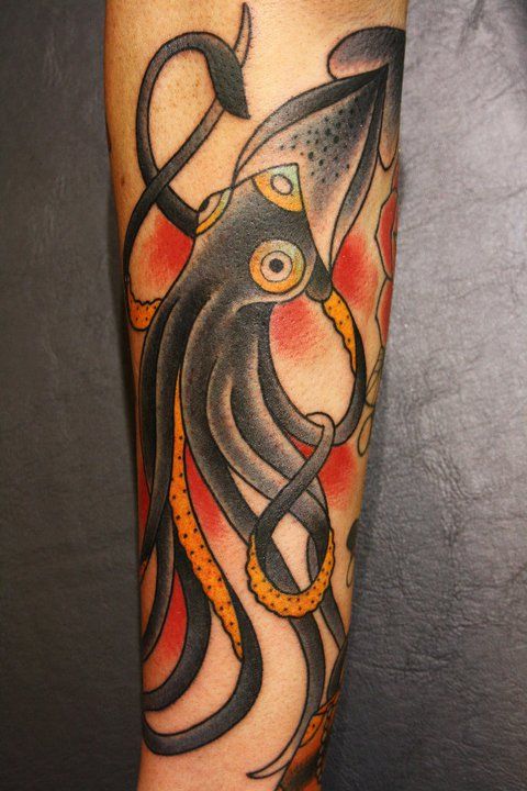 Amazing Traditional Squid Tattoo by Steve Jovic